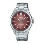 Casio MTS-RS100D-5ADF ساعت مردانه کلاسیک با قاب استیل نقره‌ای و صفحه قهوه‌ای-مس