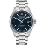 ساعت مچی مردانه SWISS MILITARY مدل SMWGH0004103 با بند استیل نقره‌ای، صفحه سرمه‌ای، موتور کوارتز سوئیسی، شب‌نما و تقویم، مقاوم در برابر آب تا 100 متر