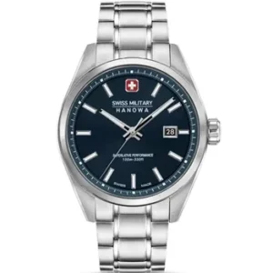 ساعت مچی مردانه SWISS MILITARY مدل SMWGH0004103 با بند استیل نقره‌ای، صفحه سرمه‌ای، موتور کوارتز سوئیسی، شب‌نما و تقویم، مقاوم در برابر آب تا 100 متر