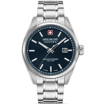 ساعت مچی مردانه SWISS MILITARY مدل SMWGH0004103 با بند استیل نقره‌ای، صفحه سرمه‌ای، موتور کوارتز سوئیسی، شب‌نما و تقویم، مقاوم در برابر آب تا 100 متر