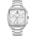 ساعت مردانه SWISS MILITARY مدل SMWGI0004303 با قاب مربعی استیل، صفحه نقره‌ای، موتور کوارتز سوئیسی، کرنوگراف، تقویم، شب‌نما و مقاومت در برابر آب تا 100 متر