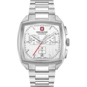 ساعت مردانه SWISS MILITARY مدل SMWGI0004303 با قاب مربعی استیل، صفحه نقره‌ای، موتور کوارتز سوئیسی، کرنوگراف، تقویم، شب‌نما و مقاومت در برابر آب تا 100 متر