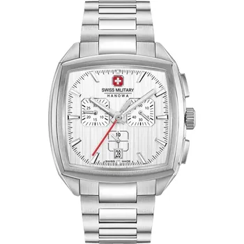 ساعت مردانه SWISS MILITARY مدل SMWGI0004303 با قاب مربعی استیل، صفحه نقره‌ای، موتور کوارتز سوئیسی، کرنوگراف، تقویم، شب‌نما و مقاومت در برابر آب تا 100 متر