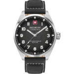 ساعت مردانه Swiss Military Hanowa مدل Greyhound SMWGA0001501 با بند چرمی مشکی، قاب استیل نقره‌ای، صفحه مشکی، موتور کوارتز سوئیسی و مقاومت در برابر آب تا 10 بار