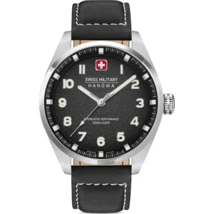 ساعت مردانه Swiss Military Hanowa مدل Greyhound SMWGA0001501 با بند چرمی مشکی، قاب استیل نقره‌ای، صفحه مشکی، موتور کوارتز سوئیسی و مقاومت در برابر آب تا 10 بار