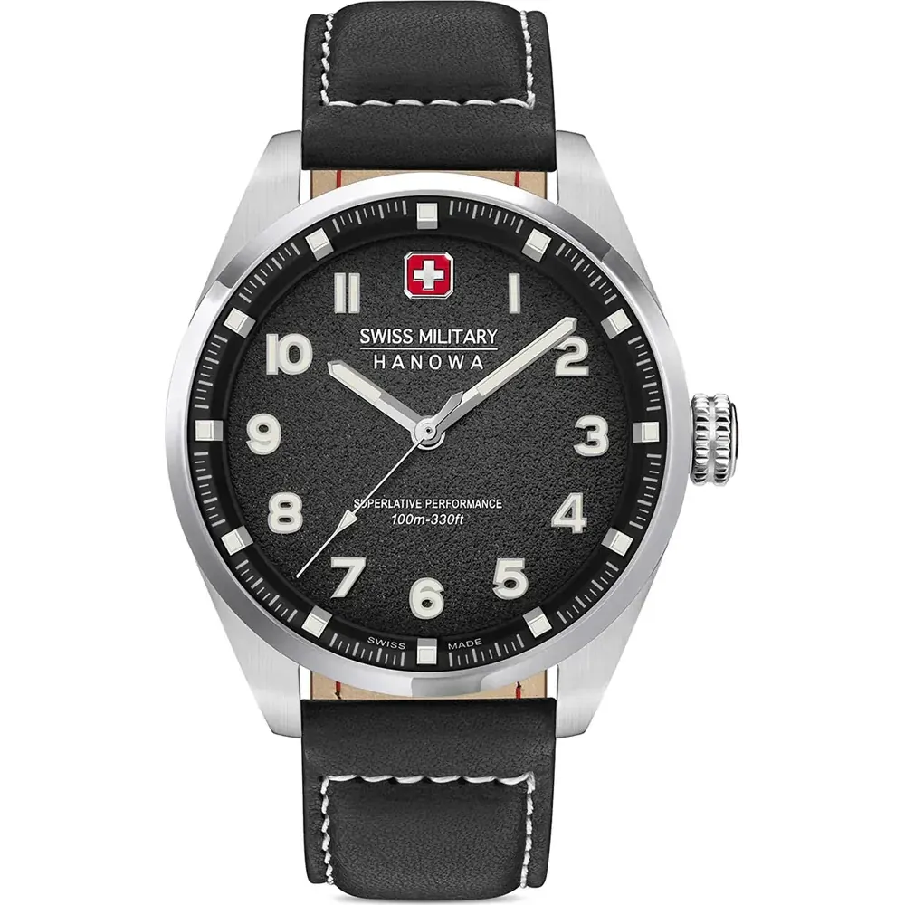ساعت مردانه Swiss Military Hanowa مدل Greyhound SMWGA0001501 با بند چرمی مشکی، قاب استیل نقره‌ای، صفحه مشکی، موتور کوارتز سوئیسی و مقاومت در برابر آب تا 10 بار