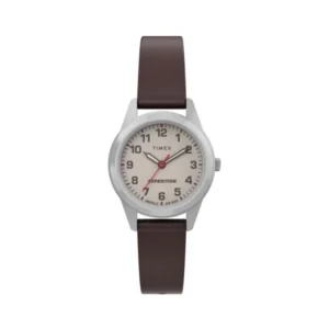 Timex TW4B25600 ساعت زنانه کلاسیک با قاب نقره‌ای از آلیاژ برنج، بند چرم قهوه‌ای و صفحه سفید