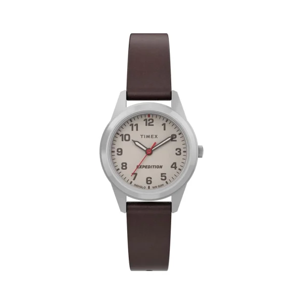 Timex TW4B25600 ساعت زنانه کلاسیک با قاب نقره‌ای از آلیاژ برنج، بند چرم قهوه‌ای و صفحه سفید