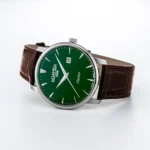 رومر r-971856417505 نمای جانبی قاب استیل ضد زنگ نقرهای بند قهوهای تیره شیشه یاقوت کبود