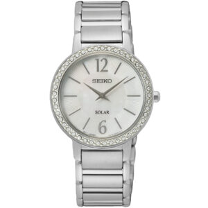 سیکو SUP467P11 ساعت مچی کلاسیک زنانه با قاب دایره‌ای استیل نقره‌ای و صفحه سفید