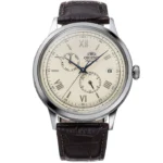 Orient RA-AK0702Y کلاسیک مردانه با قاب استیل316 ضد حساسیت نقره‌ای، بند چرمی قهوه‌ای و صفحه کرم