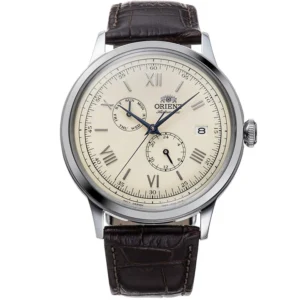 Orient RA-AK0702Y کلاسیک مردانه با قاب استیل316 ضد حساسیت نقره‌ای، بند چرمی قهوه‌ای و صفحه کرم