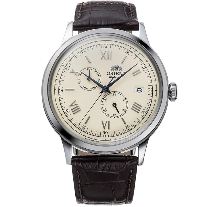 Orient RA-AK0702Y کلاسیک مردانه با قاب استیل316 ضد حساسیت نقره‌ای، بند چرمی قهوه‌ای و صفحه کرم