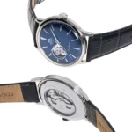 Orient RA-AG0005L تصویر 1 بند چرمی سرمه‌ای با قاب استیل نقره‌ای و صفحه سرمه‌ای