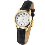 ساعت مچی زنانه Q&Q C169-104 با قاب برنجی روکش طلایی و بند چرم مشکی صفحه سفید شیشه کریستال — گالری تصویر 1