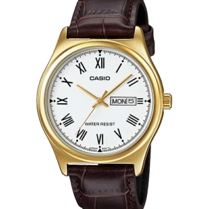 ساعت مچی مردانه کاسیو MTP-V006GL-7B با قاب استیل طلایی گرد و بند چرم قهوه‌ای
