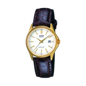 Casio MTP-1183Q-7A تصویر شاخص با بند چرم قهوه‌ای، قاب طلایی-نقره‌ای و صفحه سفید