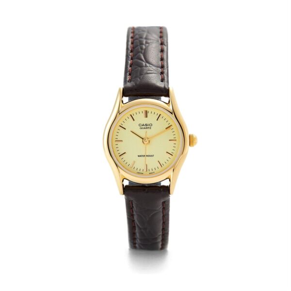 Casio LTP-1094Q-9ARDF ساعت مچی زنانه کلاسیک با قاب طلایی آلیاژ و بند چرم طبیعی قهوهای