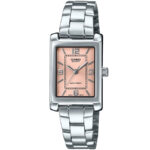 Casio LTP-1234DD-4ADF زنانه با صفحه صورتی، قاب چهارگوش نقرهای و بند استیل