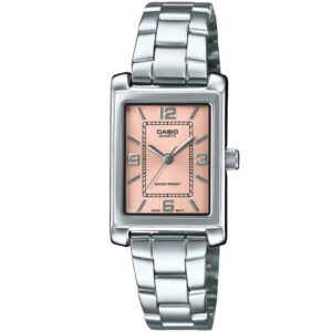 Casio LTP-1234DD-4ADF زنانه با صفحه صورتی، قاب چهارگوش نقره‌ای و بند استیل