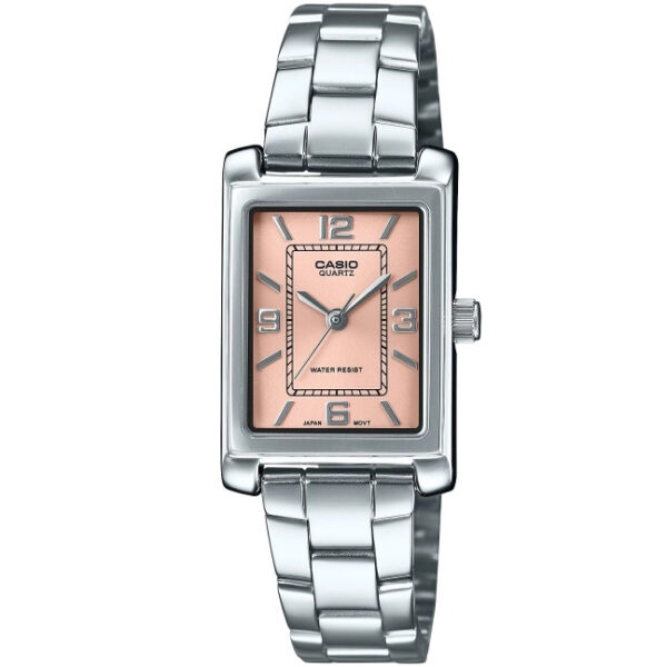 Casio LTP-1234DD-4ADF زنانه با صفحه صورتی، قاب چهارگوش نقرهای و بند استیل