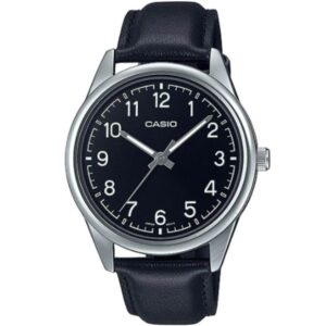 کاسیو MTP-V005L-1B4UDF ساعت مچی کلاسیک مردانه با بدنه استیل ضدزنگ نقره‌ای، قاب گرد، صفحه مشکی و بند چرم مشکی