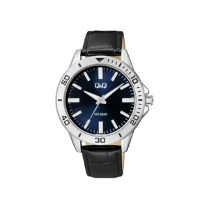 ساعت مچی مردانه Q&Q مدل Q28B-007 با بند چرمی مشکی، قاب استیل نقره‌ای و صفحه سرمه‌ای