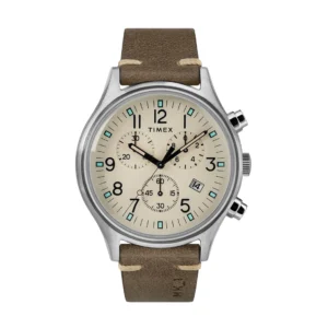 TIMEX TW2R96400 – بند چرم قهوه‌ای، صفحه سفید و قاب استیل نقره‌ای – ساعت مچی اسپرت TIMEX TW2R96400