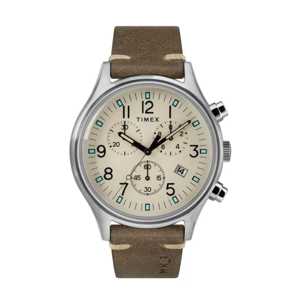 TIMEX TW2R96400 – بند چرم قهوهای، صفحه سفید و قاب استیل نقرهای – ساعت مچی اسپرت TIMEX TW2R96400