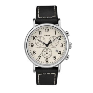 TIMEX TW2R42800 ساعت مچی کلاسیک مردانه با بدنه استیل نقره‌ای، صفحه کرم و بند چرمی مشکی