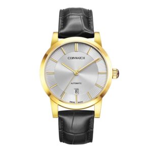 ساعت مچی کلاسیک مردانه کوین واچ مدل C179KWH با بند چرم طلایی و قاب استیل طلایی، صفحه نقره‌ای