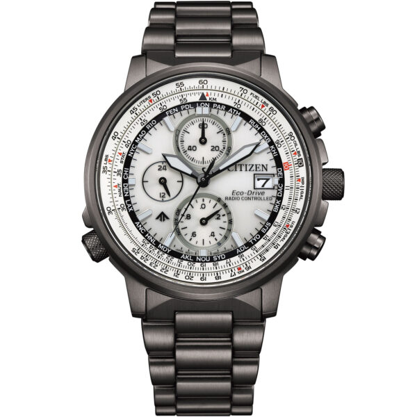 ساعت CITIZEN AT8304-57A3 اسپرت مردانه با بدنه استیل دودی و صفحه سفید، شیشه ضد خراش