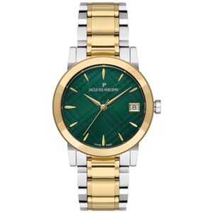 ساعت مچی زنانه ژاک فیلیپ JPQLS1673X8 با قاب استیل ضد زنگ، رنگ قاب ترکیبی نقره ای و طلایی و صفحه سبز