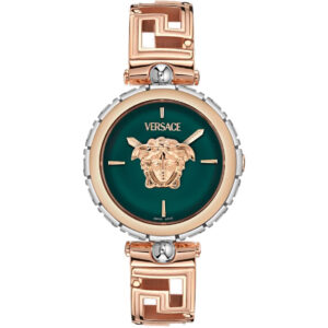 ورساچه VVE0B00425 – ساعت مچی زنانه با صفحه مسی سبز، قاب و بند استیل و شیشه ضد خش